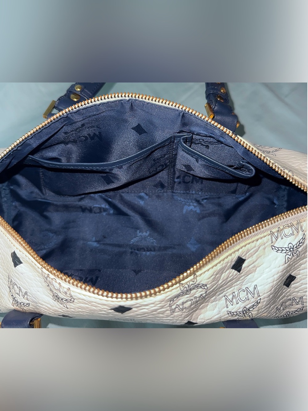 MCM Authentic White&Navy Visetos Logo Barrel Bag Navy Straps&Gold Tone Hardware - Picture 9 of 13